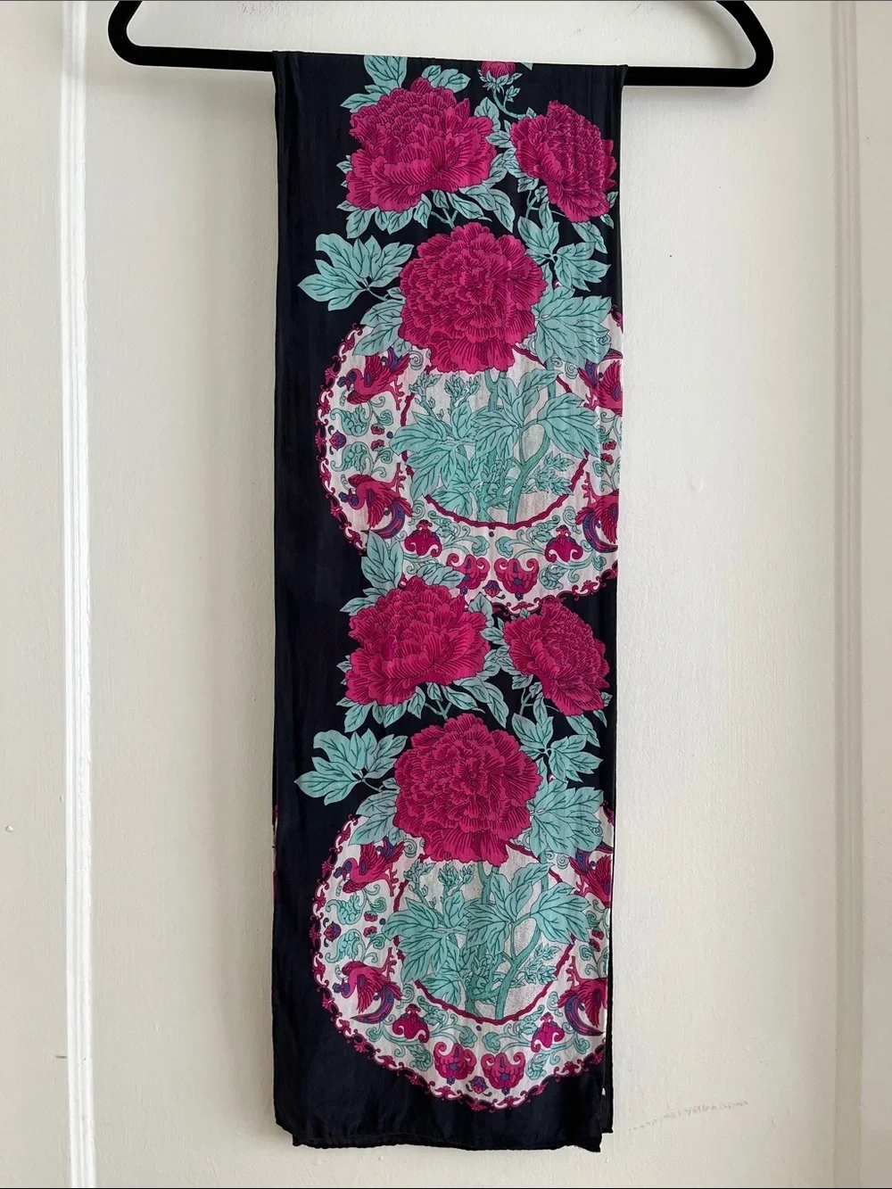 Ginnie Johansen Inc. 100% Silk 1989 Vintage 80s Teal Magenta Pink & Black Scarf
